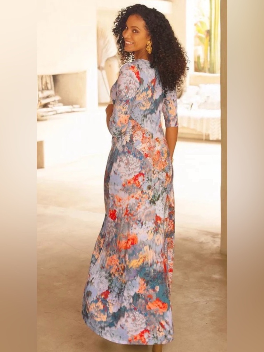Soft Surroundings Multicolor Floral Scoop Neck Maxi Dress Jersey Knit 3/4sleeves - Picture 4 of 15